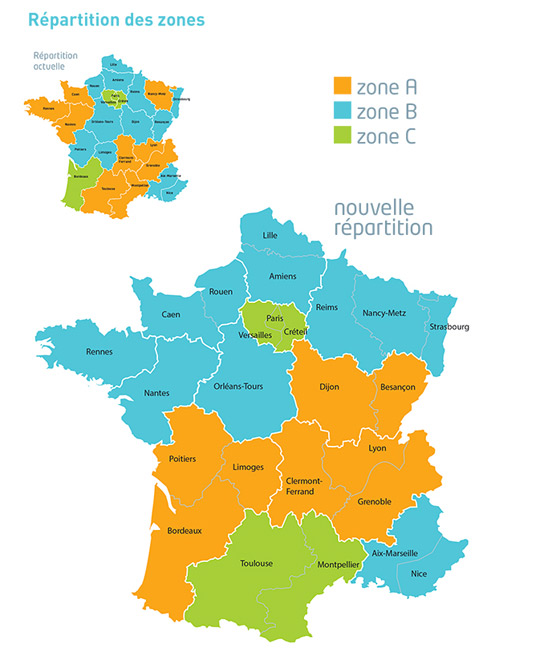  Carte des zones de vacance scolaires en France